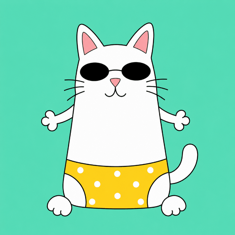 Animated Sir Meowpants changing the color of his polka-dot pants